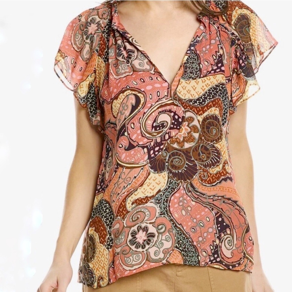 A.L.C. Silk Chiffon‎ Flutter Sleeve Blouse Terracotta Abstract PrintSize
